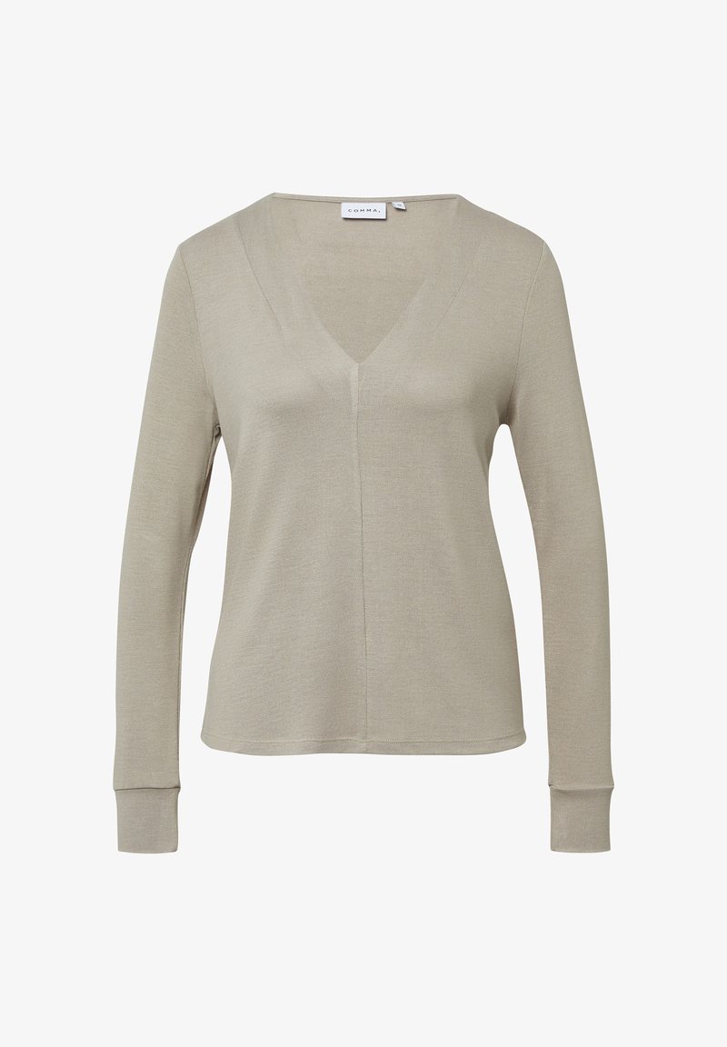 Top a maniche lunghe a V in beige chiaro, realizzato in tessuto testurizzato. Presenta una sottile cucitura centrale e polsini aderenti. Design semplice e pulito.