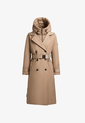 Cappotto trench doppiopetto beige con vita cinturata, cappuccio imbottito rimovibile e bottoni neri. Presenta maniche lunghe e tasche a patta.