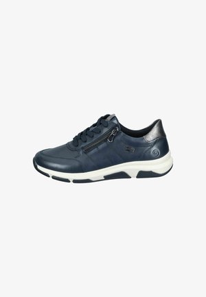 Marineblaue Ledersneaker mit weißer Gummisohle, Schnürdesign und seitlichem Reißverschluss. Glatte Textur mit dezenten Akzentdetails.