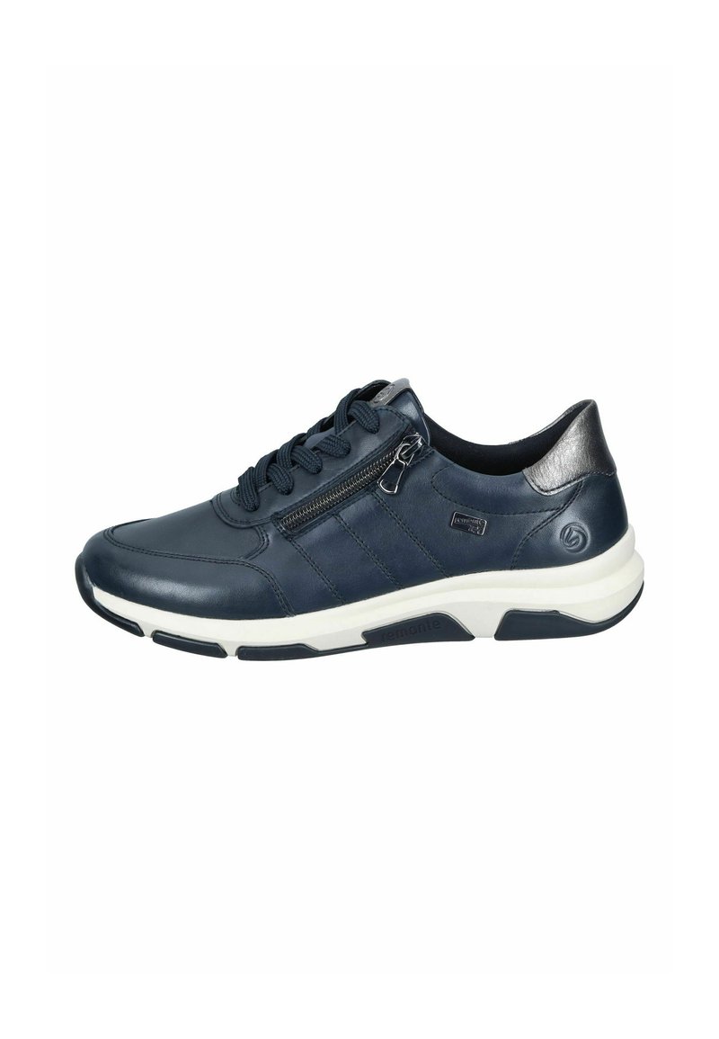 Navy leather sneaker with white rubber sole, lace-up design, and zip closure on the side. Smooth texture with subtle accent details.