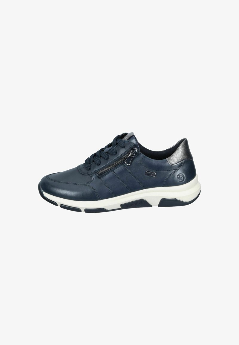 Navy leather sneaker with white rubber sole, lace-up design, and zip closure on the side. Smooth texture with subtle accent details.