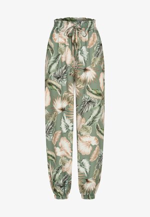 Groene bloemen loungebroek met een trekkoord in de taille, elastische boorden en een patroon van grote tropische bladeren en bloemen in zachte kleuren.
