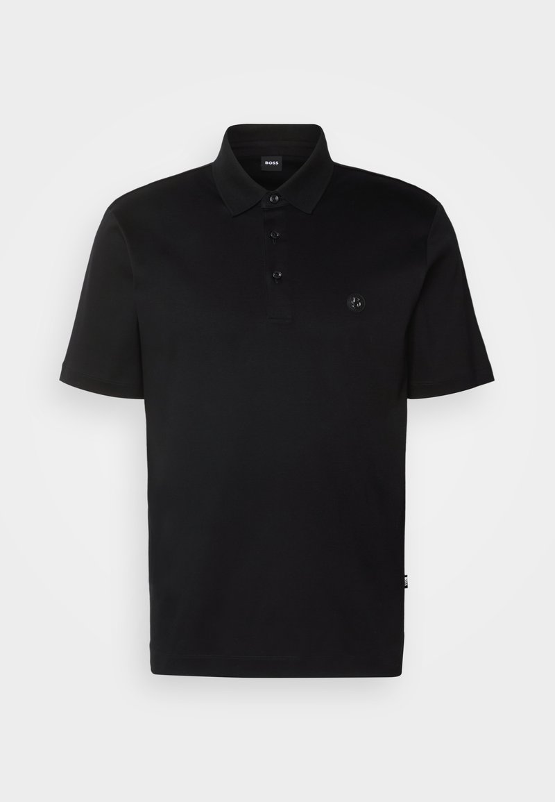Schwarzes Polo-Shirt aus Baumwolle, mit einer Dreiknopf-Leiste, kurzen Ärmeln und einem kleinen Logo auf der linken Brust.
