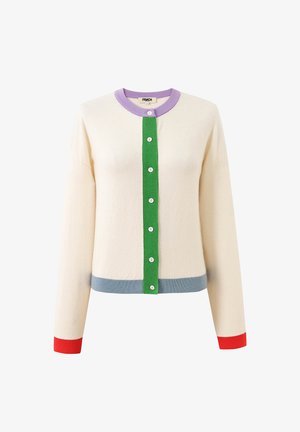 Cardigan crème avec col violet, patte de boutonnage verte, ourlet gris et poignets rouges, orné de boutons blancs sur le devant.