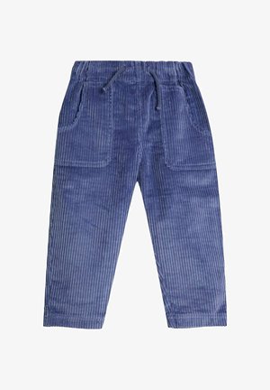 Pantaloni din corduroy albastru pentru copii, cu talie elastică, șnur și buzunare frontale cu patch.