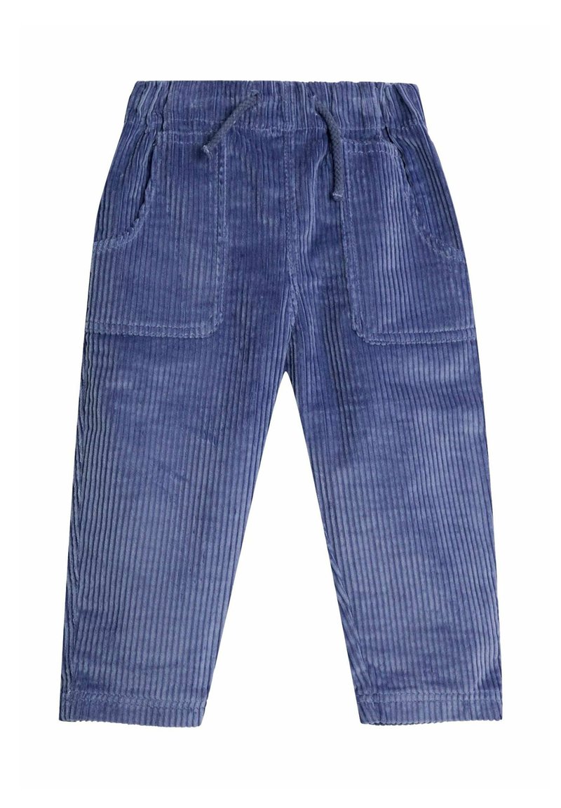 Blauwe corduroy peuterbroek met elastische tailleband, trekkoord en voorzakken.