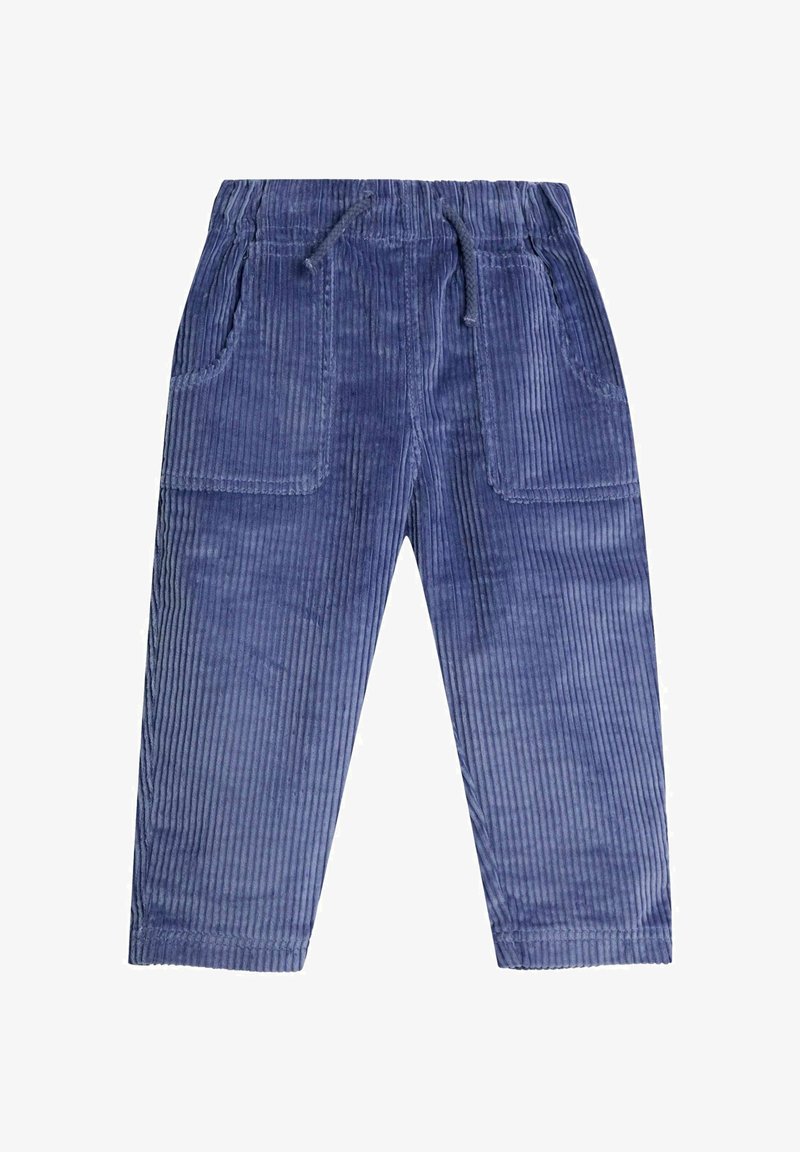 Zilas korduroja bērnu bikses ar elastīgu jostu, auklu un priekšējām kabatām.