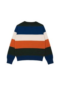 Maglione a righe con bande orizzontali in blu, verde, arancione, crema e blu scuro. Collo rotondo con un dettaglio ad occhiello nella parte posteriore.