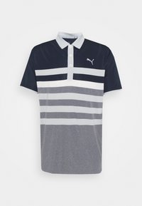 Polo tričko s navy a šedými pruhy, s límečkem, tříknoflíkovým zapínáním a malým logem na prsou, vyrobené z hladkého materiálu.