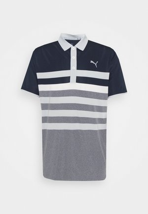 Polo tričko s navy a šedými pruhy, s límečkem, tříknoflíkovým zapínáním a malým logem na prsou, vyrobené z hladkého materiálu.