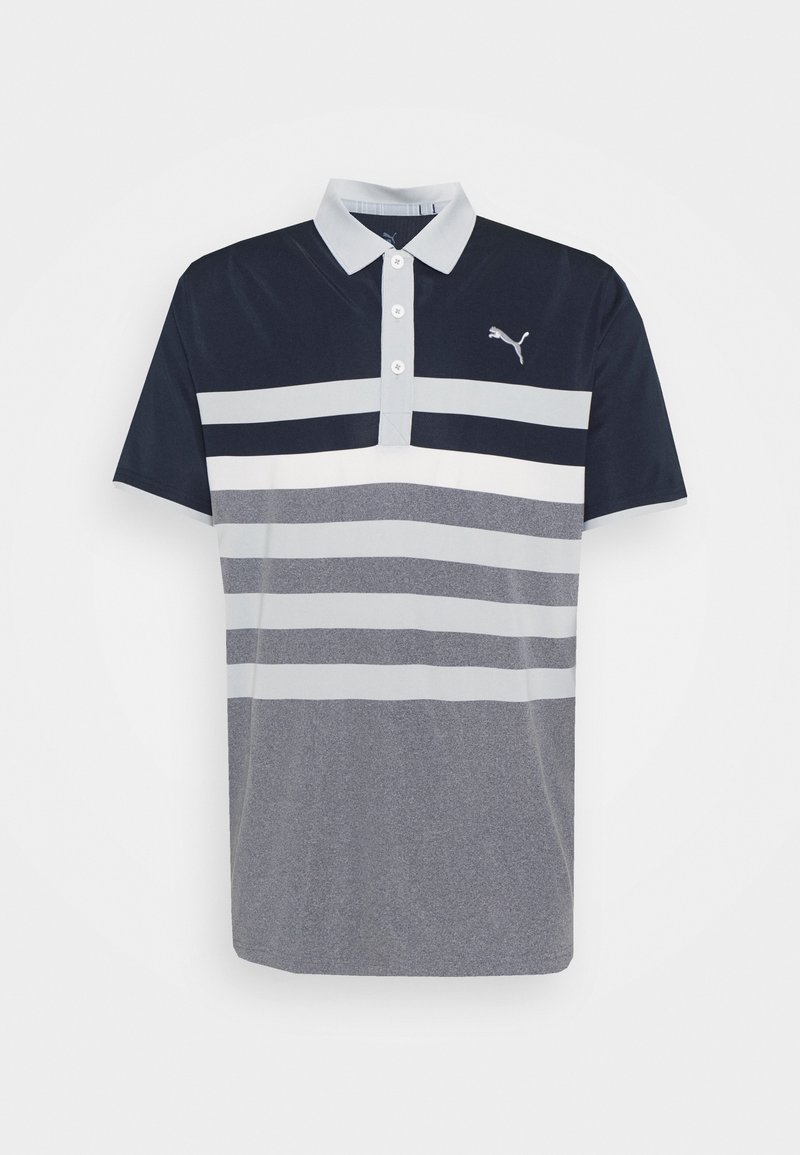 Polo tričko s navy a šedými pruhy, s límečkem, tříknoflíkovým zapínáním a malým logem na prsou, vyrobené z hladkého materiálu.