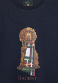 Jūras spēku crew-neck t-krekls ar brūnu suni, kuram ap kaklu ir krekliņš ar rakstu. Dizainā zem grafikas ir redzams zīmola nosaukums "Hackett" brūnā krāsā.