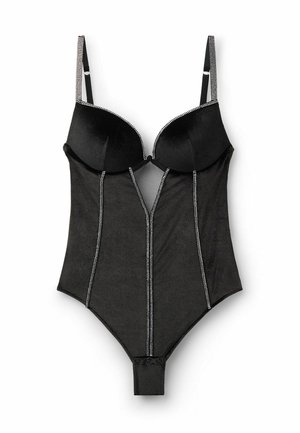 Black bodysuit with padded cups, a sheer center panel, and decorative rhinestone accents along the seams. Adjustable straps included.