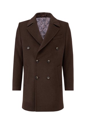 Brauner Wolle-Doppelreiher mit großen schwarzen Knöpfen, Reverskragen und gefüttertem Paisleymuster. Verfügt über zwei Fronttaschen und eine Brusttasche.