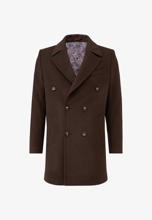 Brauner Wolle-Doppelreiher mit großen schwarzen Knöpfen, Reverskragen und gefüttertem Paisleymuster. Verfügt über zwei Fronttaschen und eine Brusttasche.