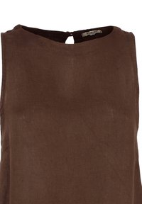 Top in lino marrone con scollo rotondo e chiusura a chiave sul retro. Il tessuto presenta una finitura leggermente texturizzata.