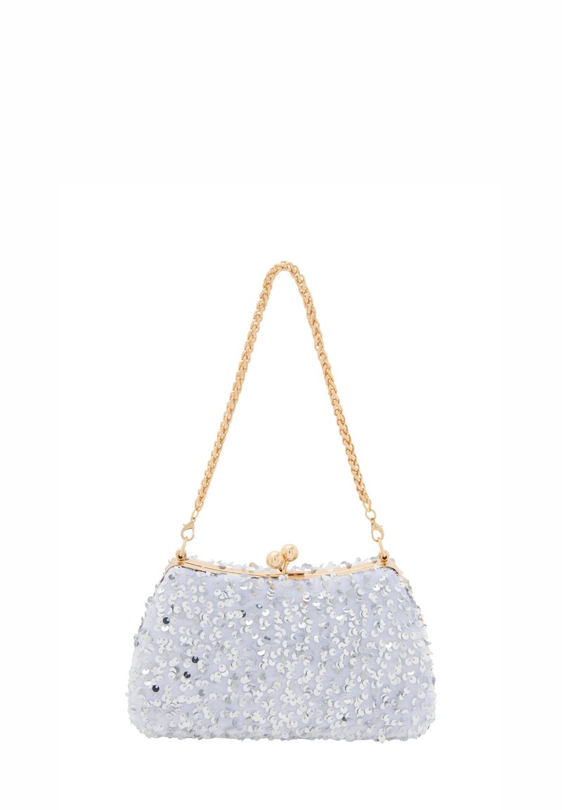 Világoskék flitteres clutch táska arany lánchordással és zárócsattal. Puha, texturált felülettel és lekerekített formával rendelkezik.