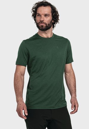 Green short-sleeve shirt made of lightweight fabric, featuring a subtle ribbed texture and a crew neckline. No visible logos or patterns.
