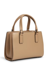 Τσάντα χειρός από δέρμα ταμπά με διπλές λαβές στο πάνω μέρος και χρυσούς μεταλλικούς εξαρτήματα, με δομημένο ορθογώνιο σχήμα και διακριτική υφή.