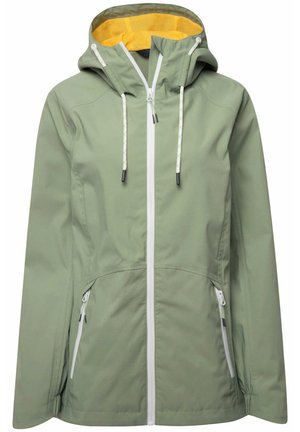 Chaqueta impermeable de color verde claro con cremallera frontal, dos bolsillos laterales, capucha ajustable y forro de malla amarilla. Presenta puños elásticos y cordones ajustables.