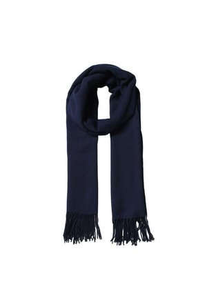 Sciarpa blu navy realizzata in tessuto morbido, con una superficie liscia e bordi frangiati. Progettata in una forma rettangolare lunga.