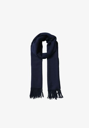 Sciarpa blu navy realizzata in tessuto morbido, con una superficie liscia e bordi frangiati. Progettata in una forma rettangolare lunga.