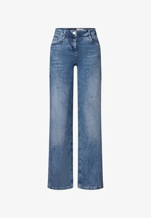 Hellblaue Jeans mit weitem Bein, verziert mit verstreuten Strasssteinen, im Five-Pocket-Design und mit einem Knopfverschluss an der Taille.