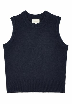 Dunkelblaues ärmelloses Strickoberteil mit geripptem Halsausschnitt und Saum. Weiche Textur. Etikett trägt "Joules." Einfaches, figurbetontes Design.