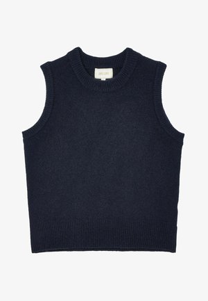 Tamsiai mėlynas be rankovių megztinis su raukšlėtu apykakle ir kraštu. Minkšta tekstūra. Etiketėje parašyta "Joules." Paprastas, prigludęs dizainas.