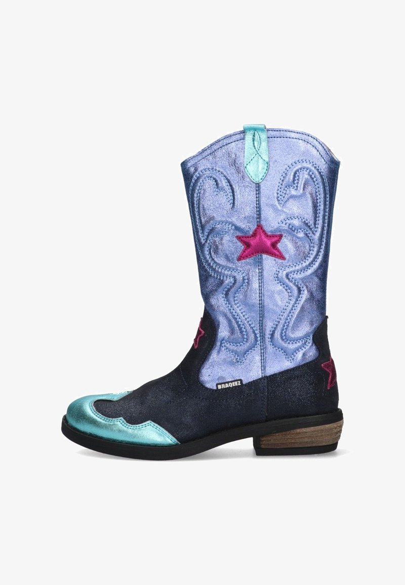 Children's cowboy boots with a blue and black metallic texture, pink star accents, and a teal toe cap. Features ornate stitching on the shaft.