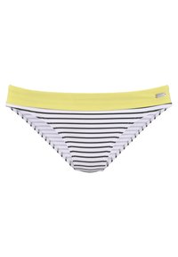 Gestreepte bikini onderkant met zwart-witte horizontale strepen, een effen gele tailleband en een klein zilveren logo detail aan de zijkant.