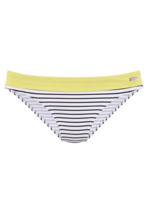 Gestreepte bikini onderkant met zwart-witte horizontale strepen, een effen gele tailleband en een klein zilveren logo detail aan de zijkant.