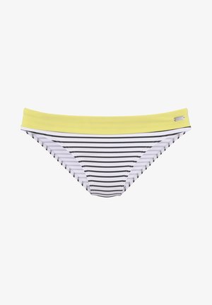 Gestreepte bikini onderkant met zwart-witte horizontale strepen, een effen gele tailleband en een klein zilveren logo detail aan de zijkant.