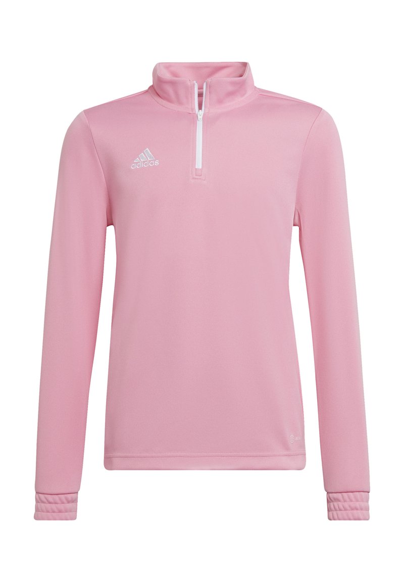 Roze sporttop met lange mouwen en een half-rits kraag. Heeft ribgebreide manchetten en een Adidas-logo op de bovenste linkerzijde. Gladde textuur.