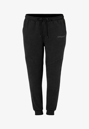 Black tapered sweatpants with elastic waistband, drawstring, side pockets, and cuffed ankles, featuring a small uhlsport logo on the right hip.