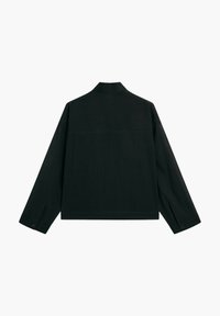 Black jacket with a structured collar, long sleeves, and a textured fabric. Features button cuffs and a straight, cropped hem.