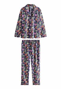 Kukallinen pyjama-setti, jossa on tummansininen tausta ja värikkäitä kukkakuvioita. Sisältää pitkähihainen pusero ja elastiset housut.