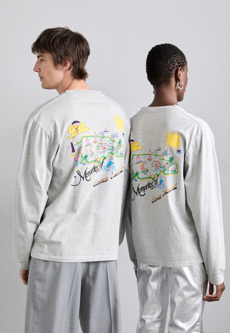 Long-sleeve gray T-shirts featuring colorful graphic designs on the back, depicting a beach scene with palm trees and sun.