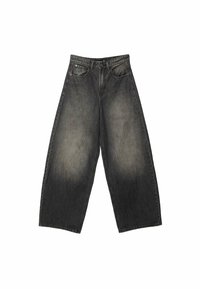 Wide-leg jeans in faded black denim. Features a high waist, standard five-pocket design, and slight whiskering detail on the front.