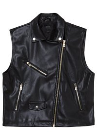 Schwarze ärmellose Kunstleder-Bikerweste mit asymmetrischem Frontreißverschluss, drei Reißverschluss-Taschen, Druckknopfkragen und einer Druckknopfklapptasche.