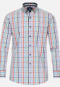 Mehrfarbiges Karohemd mit Button-Down-Kragen, ausgestattet mit kleinen dunkelblauen Knöpfen und einer Tasche auf der linken Brust. Hergestellt aus Baumwollstoff.