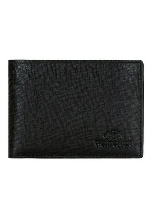 Black leather wallet with a textured finish, featuring a debossed logo on the front and a slim design for easy carrying.