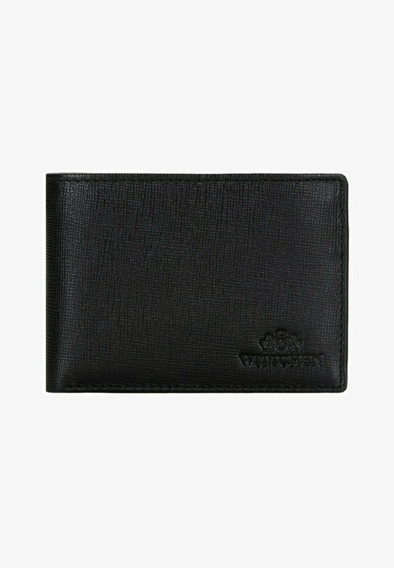 Černá kožená peněženka s texturovaným povrchem, zdobená vytlačeným logem na přední straně a štíhlým designem pro snadné nošení.