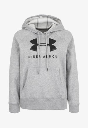 Sweat à capuche gris clair avec poche frontale, logo noir Under Armour et cordons pendant de la capuche.