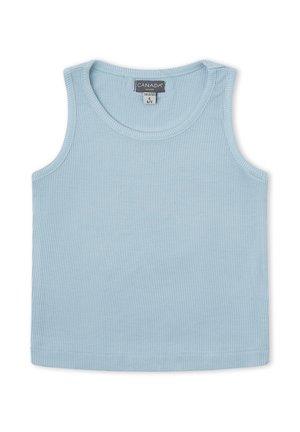 Camiseta sin mangas de canalé azul claro con escote redondo, talla 4 en ropa infantil.