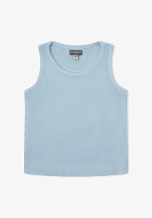 Camiseta sin mangas de canalé azul claro con escote redondo, talla 4 en ropa infantil.