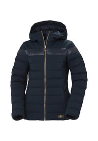 Marineblaue Steppjacke mit Kapuze, ausgestattet mit einem gesteppten Textur, goldfarbener Reißverschluss und glänzenden Schulstreifen. Logo an der Seite sichtbar.
