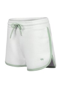 Shorts blancs en matière douce, avec un cordon de serrage et des finitions vert menthe. Comprend un petit logo d'éléphant à l'avant.