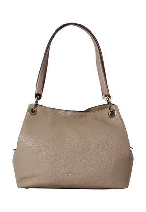 Beige læder Michael Kors håndtaske med enkelt skulderrem og gulddetaljer på hvid baggrund.