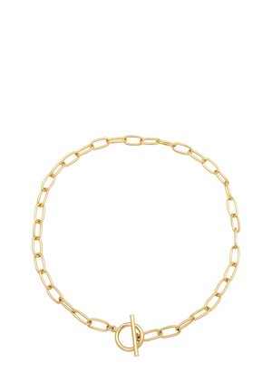 Gouden ketting met langwerpige ovale schakels en een slot met hefboom, weergegeven op een witte achtergrond.